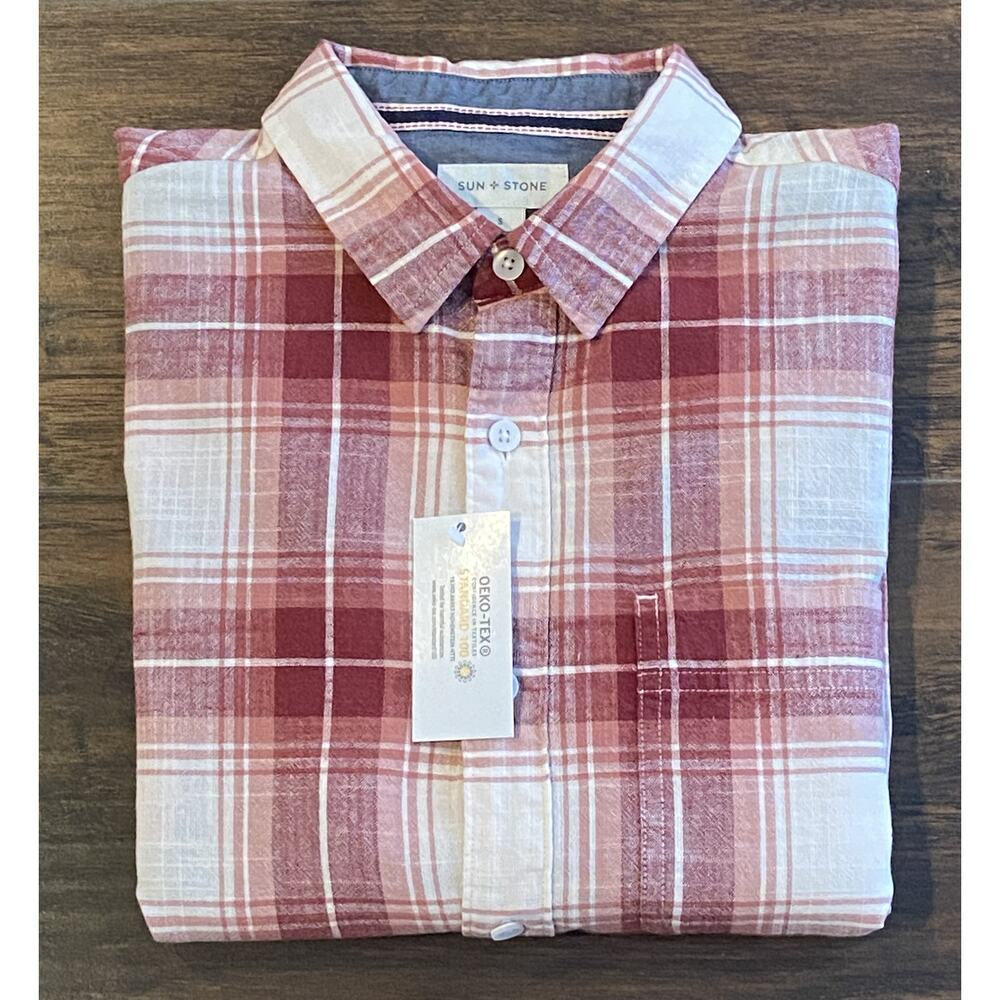 Sun + Stone Men's Small Woven Long Sleeve Button Up Shirt Raspberry Plaid NEW
